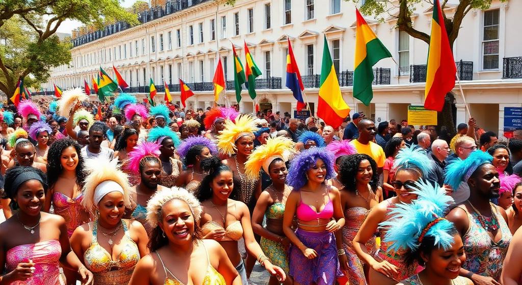 Huge crowd of costumed revellers dancing with Caribbean flags at Notting Hill Carnival in W11
