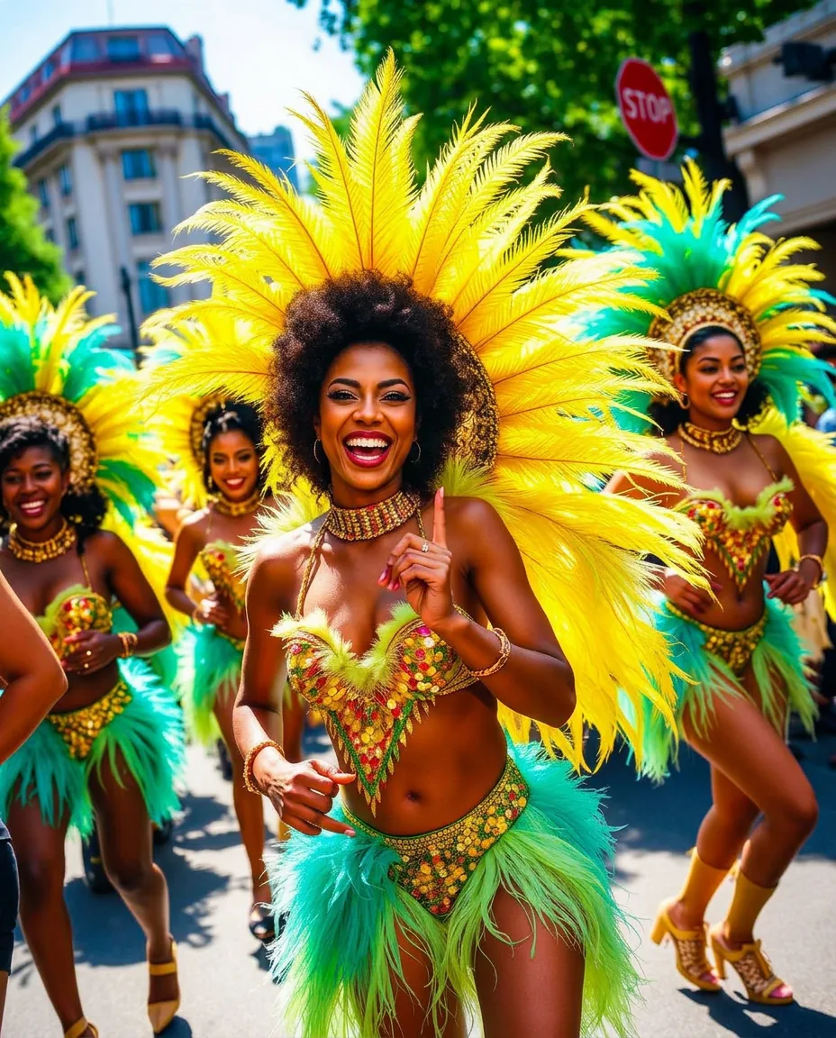 Carnival dancers in feathered sequin costumes on a sunlit London street